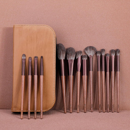 Gift Boxed 14 Pieces Hand Made Make-Up Brush Set with Walnut Wood Handle 